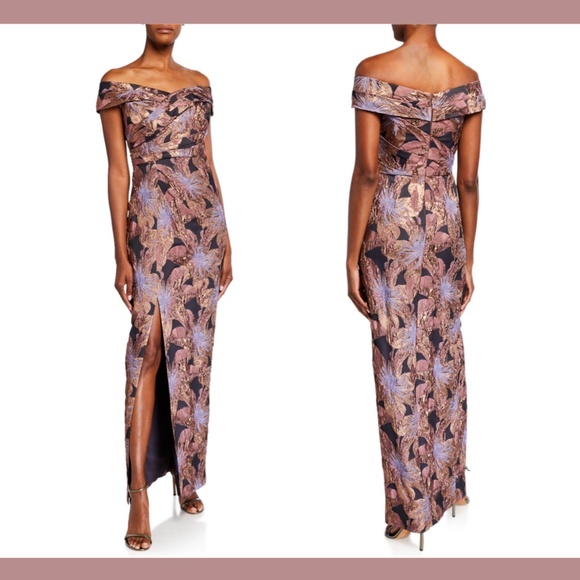 NWT $495 Aidan‎ Mattox Off Shoulder Floral Jacquard Gown Mink Rose [SZ 0 ] - Picture 3 of 12